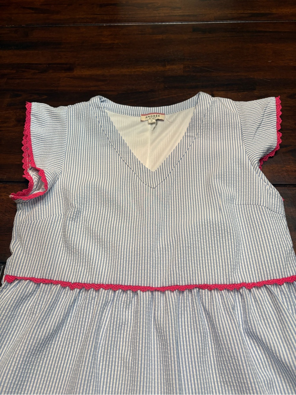 Andrée Seersucker Striped Tiered Dress with Hot Pink Rickrack Trim, Medium